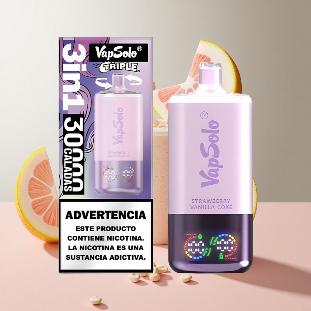 Morango Baunilha Coca-Cola VapSolo Triple 30000 Puffs Tanque de Óleo 3 Porta Tipo-C