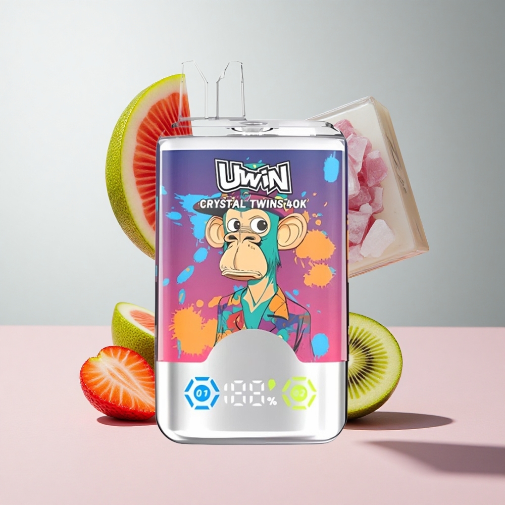 Morango Kiwi Uva Gelada Uwin Crystal Twins 40000 Puffs Recarregável Design Bateria 850mAh