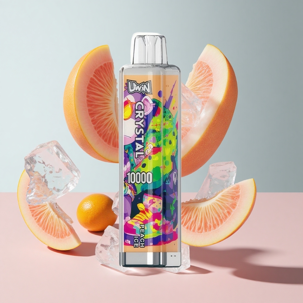 Pêssego Gelo UWIN Crystal 10000 Puffs Recarregável com Luzes RGB e 18ml de Líquido